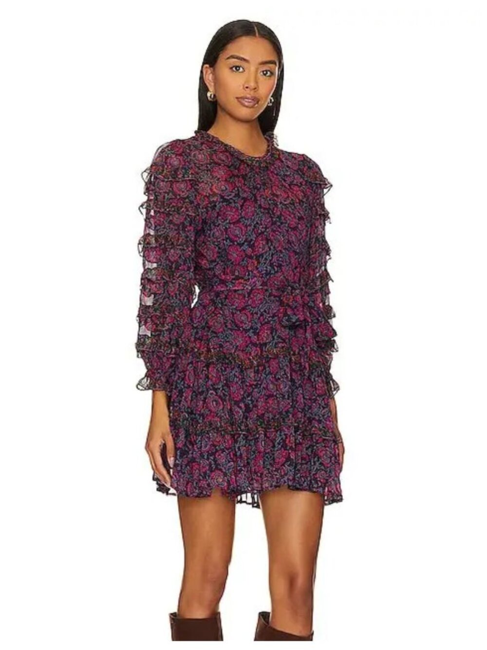 CLEOBELLA Rosalia Mini Dress Long Sleeve Ruffles Tiered Floral Bordeaux Women L